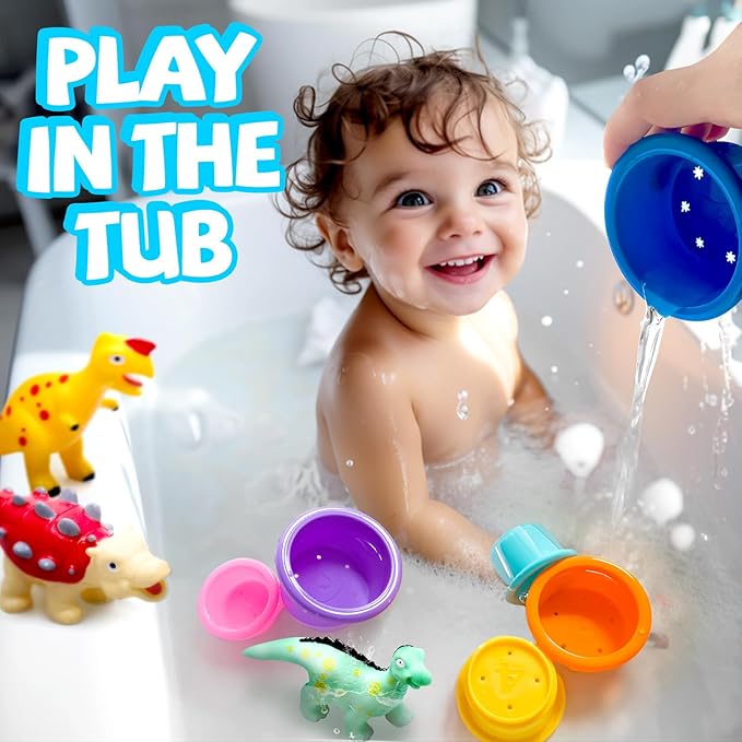 Hely Cancy No Hole Baby Dinosaur Bath Toys for Toddler, Mold Free Kids Bathtub Pool Toys (Dino+Cup)-BubblyBeeBaby