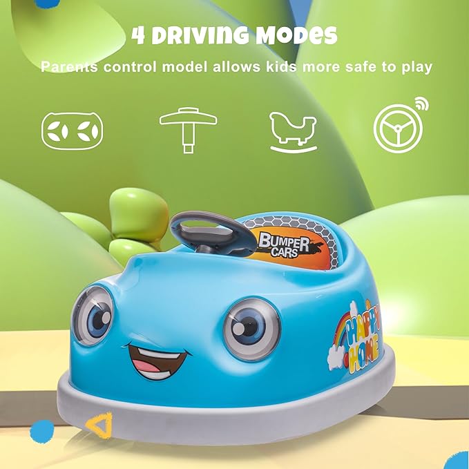 12V Dual Battery Electric Ride on Kids Bumper Car w/Remote Control,360 Degree Spin,Push Rod Rocker Horse Function,3-Speeds Babies & Toddlers Bumping Car Ride on Toy Gift for 1-4 Years Children (Blue)-BubblyBeeBaby