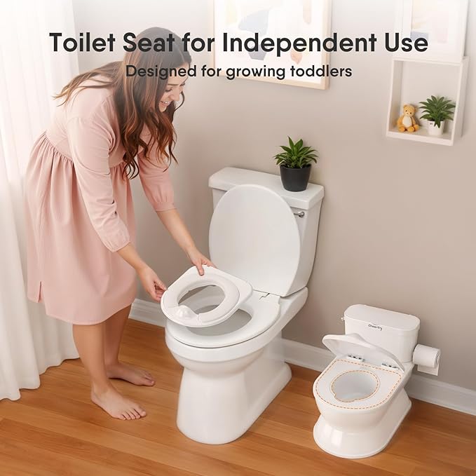 2-in-1 Toddler Potty Training Toilet - Larger Potty Chair & Detachable Training Seat for Boys & Girls Ages 1-3 with Flushing Sound, Wipes Storage, Toilet Paper Holder-BubblyBeeBaby