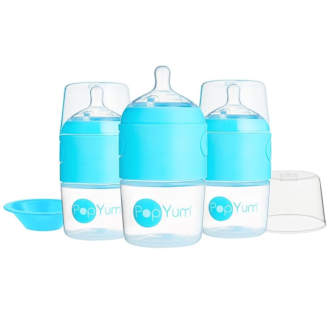 PopYum 5 oz Blue Anti-Colic Formula Making/Mixing/Dispenser Baby Bottles, 3-Pack with #1 Slow Flow Nipples, 150 ml, BPA-Free, Natural Latch-BubblyBeeBaby