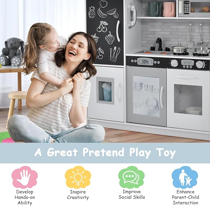 HONEY JOY Kids Kitchen Playset, Wooden Little Chef Pretend Toy Kitchen Set w/Chalkboard, Telephone, Utensils, Oven, Microwave, Sink, Storage, Play Kitchen for Toddlers, Gift for Boys Girls, White-BubblyBeeBaby