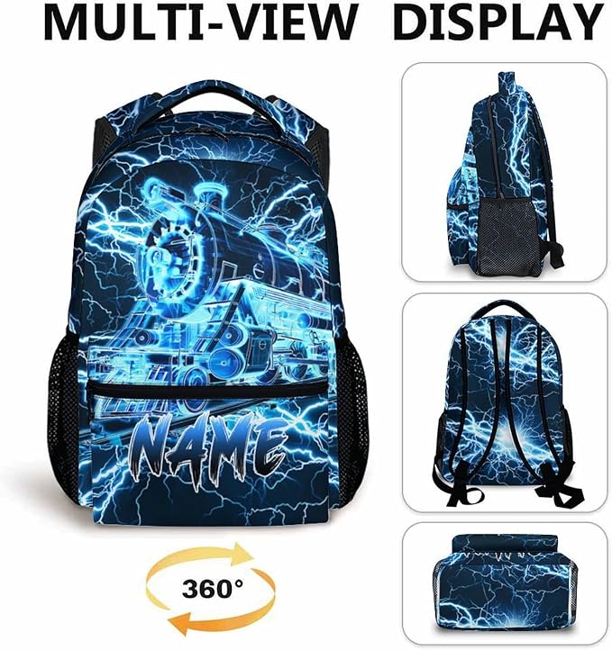 Kids Backpack for Boys, Personalized Train Schoolbag Casual Bag for Primary Senior Middle, 17 Inch Lightweight Durable Custom Lightning Backpacks, Cool Back to School Gift-BubblyBeeBaby