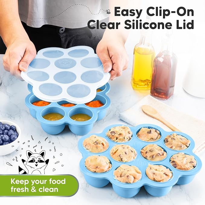 KeaBabies Silicone Food Freezer Trays with Lid, 2oz x 10 Pods Baby Food Storage Containers, Easy Puree Meal Prep, Breast Milk Silicone Freezer Molds, Dishwasher, Microwave Safe, BPA-Free (Misty Blue)-BubblyBeeBaby