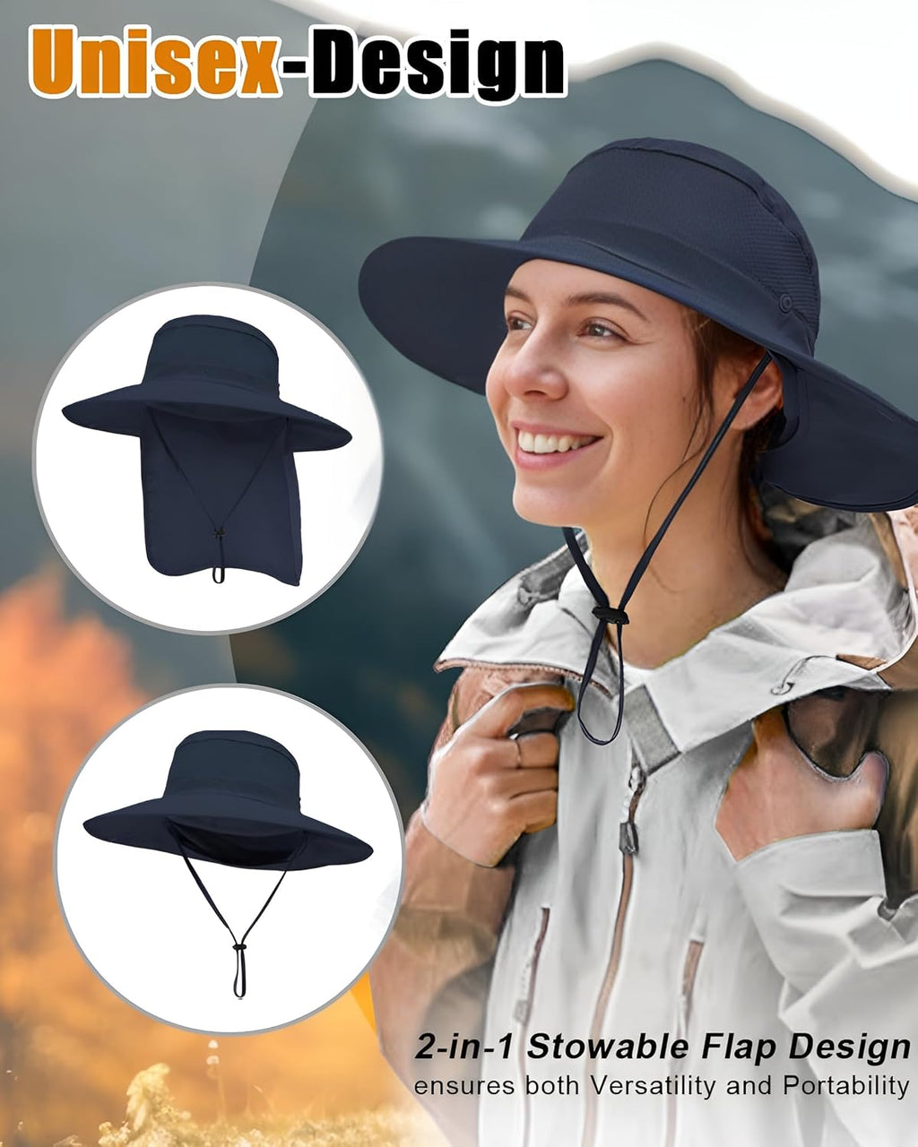 Outdoor Sun Hats with Stowable Neck Flap for Men Women UPF 50+ Mesh Summer Bucket Hat Wide Brim for Fishing Safari Hiking