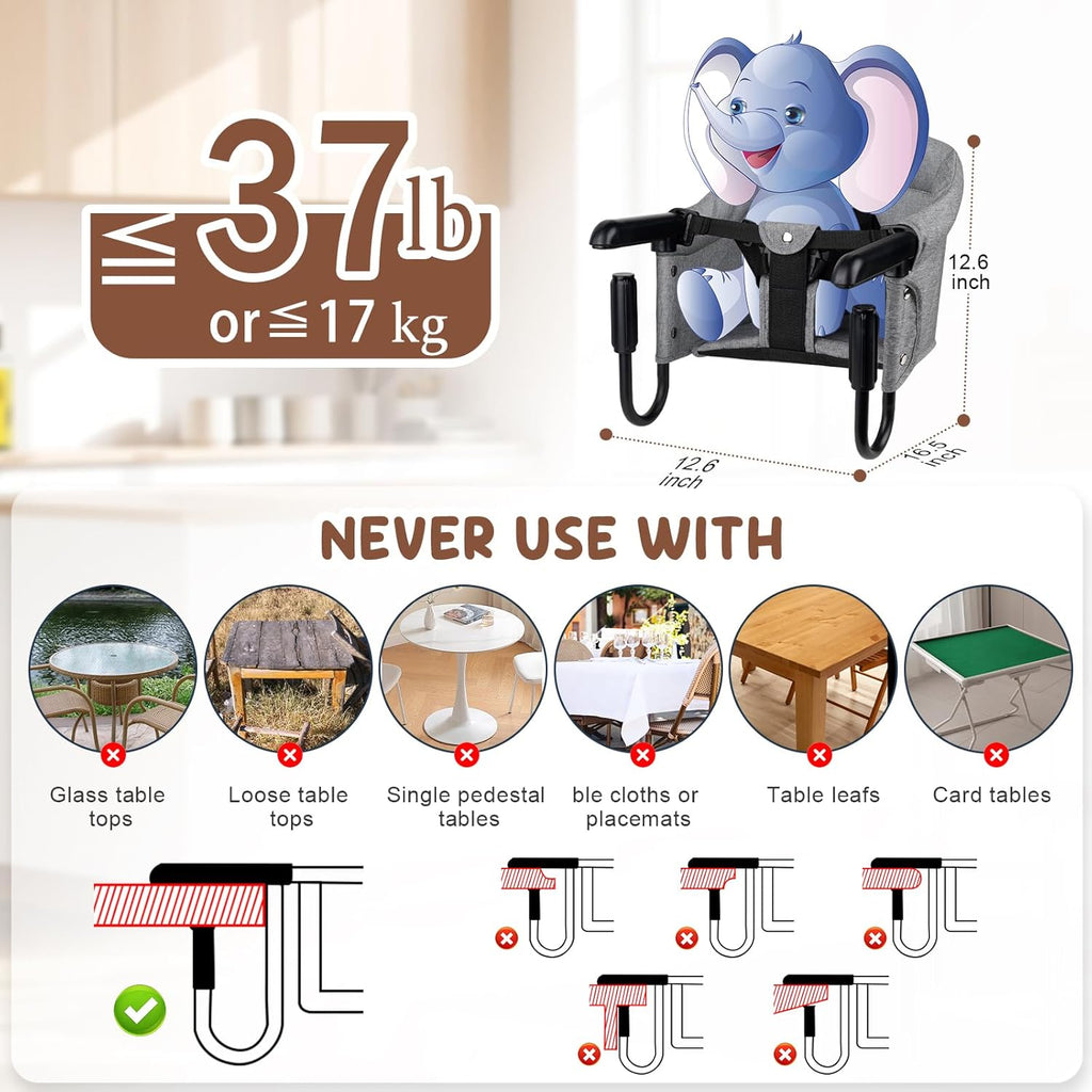 Baby Bliss Portable Hook-On Baby High Chair with Clip-On Design & 37 lb Weight Capacity | Foldable Travel & Home Use for Babies 6-36 Months | Includes Storage Bag, Grey