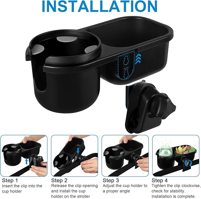 Accmor Stroller Cup Holder with Tray, Universal Cup Holder, Bike Bottle Holder, 360° Rotatable Large Caliber Drinks Holder for Stroller, Bike, Wheelchair, Walker-BubblyBeeBaby