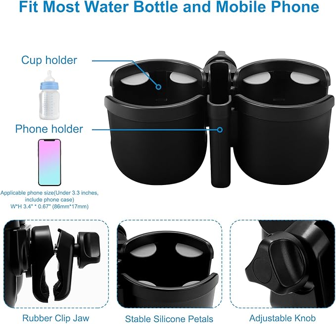 Accmor Stroller Cup Holder with Phone Holder, Universal Cup Holder for Uppababy Nuna Doona Strollers, 2-in-1 Bottle Phone Holder for Bike, Wheelchair, Walker, Scooter-BubblyBeeBaby