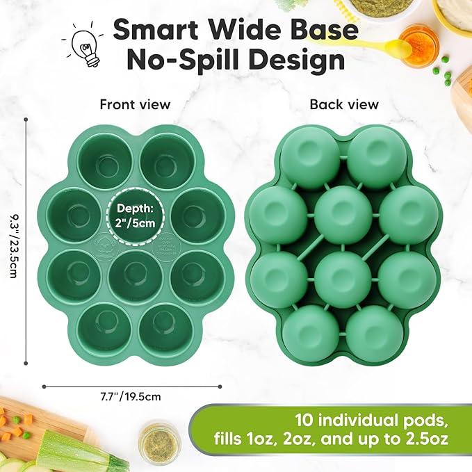 KeaBabies Silicone Food Freezer Trays with Lid, 2oz x 10 Pods Baby Food Storage Containers, Easy Puree Meal Prep, Breast Milk Silicone Freezer Molds, Dishwasher,Microwave Safe,BPA-Free(Alpine Green)-BubblyBeeBaby