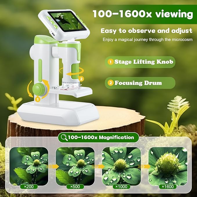 1600X Digital Microscope for Kids, Upgraded Portable Microscope with 4.0 inch HD Screen, 2-in-1 Desktop Handheld Miniscope Rechargeable Student Education Science Microscopes Gift for Kids-BubblyBeeBaby