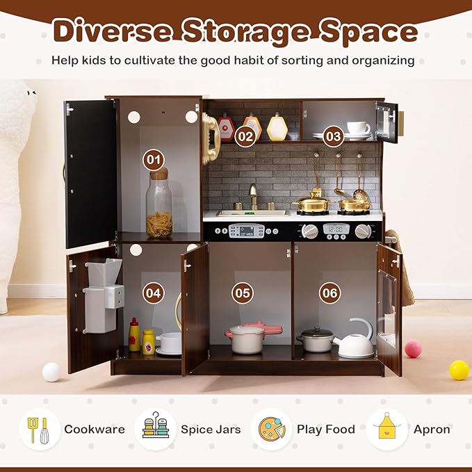 HONEY JOY Kids Kitchen Playset, Wooden Little Chef Pretend Toy Kitchen Set w/Chalkboard, Telephone, Utensils, Oven, Microwave, Sink, Storage, Play Kitchen for Toddlers Boys Girls, Espresso-BubblyBeeBaby