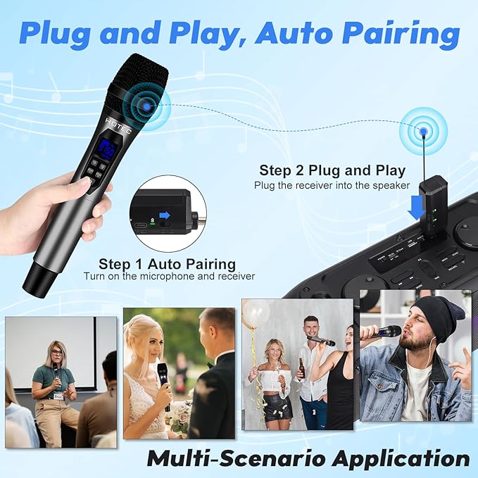 HOTEC Wireless Microphones Dual UHF Handheld Mic System with Echo/Volume Control, Rechargeable Receiver for Karaoke Church Wedding Party Speech, Compatible PA System, Karaoke Machine, and Mixer-BubblyBeeBaby
