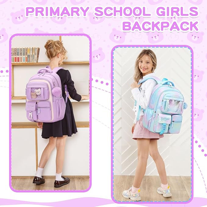 Kids Backpack for Girls School Bags for Middle School Students Book Bag for Elementary Primary Kawaii Ita Backpack, Purple and Beige-BubblyBeeBaby