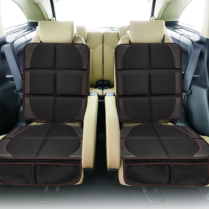 Car Seat Protector 2 Pack Baby Car Seat Covers with Mesh Pockets & Non-Slip Backing 600D Durable Seat Protector Under Baby Car Seat (Black & Red, Large)-BubblyBeeBaby