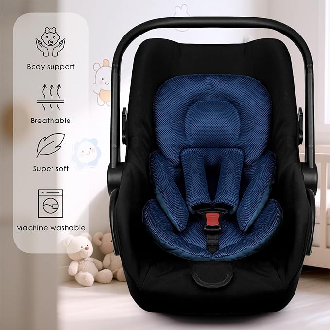 Infant Car Seat Insert for Newborn Girls Boys, Summer Mesh Baby Carseat Head Support with Strap Pads, Soft Reversible Baby Car Seat Insert Cushion Pad for Car Seat, Stroller, Bouncer, Swing, Blue-BubblyBeeBaby