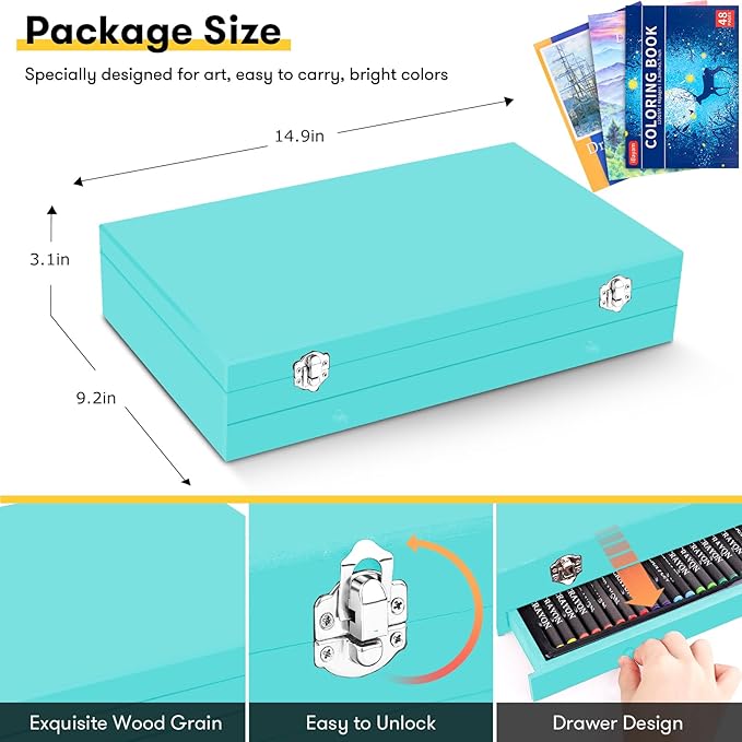 iBayam Art Supplies, 150-Pack Deluxe Wooden Art Set Crafts Drawing Painting Kit with 1 Coloring Book, 2 Sketch Pads, Creative Gift Box for Adults Artist Beginners Kids Girls Boys-BubblyBeeBaby