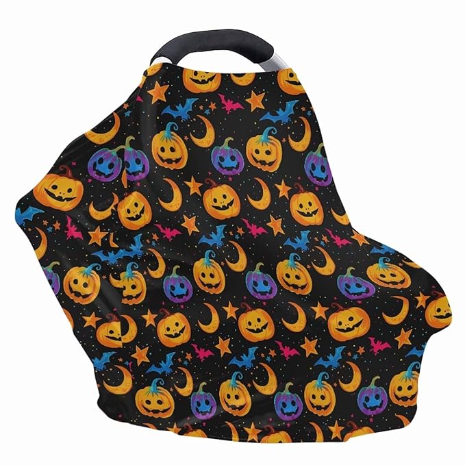 Binienty Galaxy Pumpkin Bats Moon Car Seat Covers for Babies, Halloween Decoration,Halloween Pumpkin Nursing Cover Breastfeeding Scarf, Stretch Baby Carseat Canopy-BubblyBeeBaby