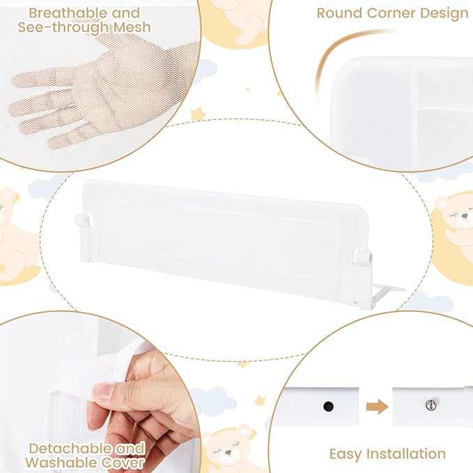 HONEY JOY Bed Rail for Toddlers, 60-Inch Extra Long, Foldable Portable Swing Down Safety Bed Guard Rail, Toddler Bed Rails for Crib, King Queen Full Twin Size Bed Mattress (White)-BubblyBeeBaby