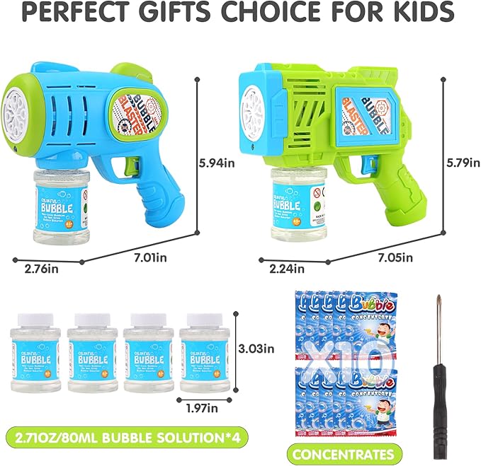 2 Pack Bubble Gun Machine for Kids, Automatic Light Up Bubble Blower with 4 Bottles 10 Bags Refill Solution Bubble Guns Blaster for Toddlers, Outdoor Toys Gifts Wedding Easter Party Favor-BubblyBeeBaby