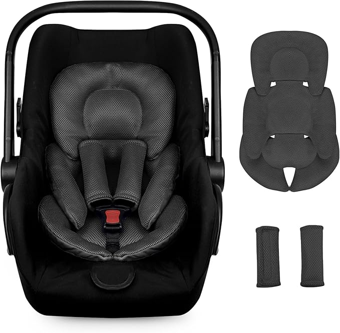 Infant Car Seat Insert for Newborn Girls Boys, Summer Mesh Baby Carseat Head Support with Strap Pads, Soft Reversible Baby Car Seat Insert Cushion Pad for Car Seat, Stroller, Bouncer, Swing, Black-BubblyBeeBaby