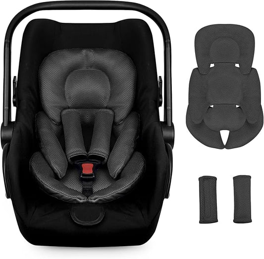 Infant Car Seat Insert for Newborn Girls Boys, Summer Mesh Baby Carseat Head Support with Strap Pads, Soft Reversible Baby Car Seat Insert Cushion Pad for Car Seat, Stroller, Bouncer, Swing, Black-BubblyBeeBaby