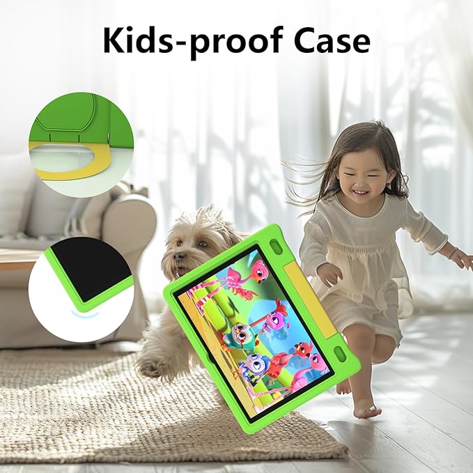 JREN Kids Table 10.1" ｜Android 14 Tablet for Kids｜64GB Storage｜Octa-Core｜WiFi ｜Cameras｜Parental Control｜Kids Content｜Case Included Great Gift for Children Ages 3-12 Years Old Green-BubblyBeeBaby