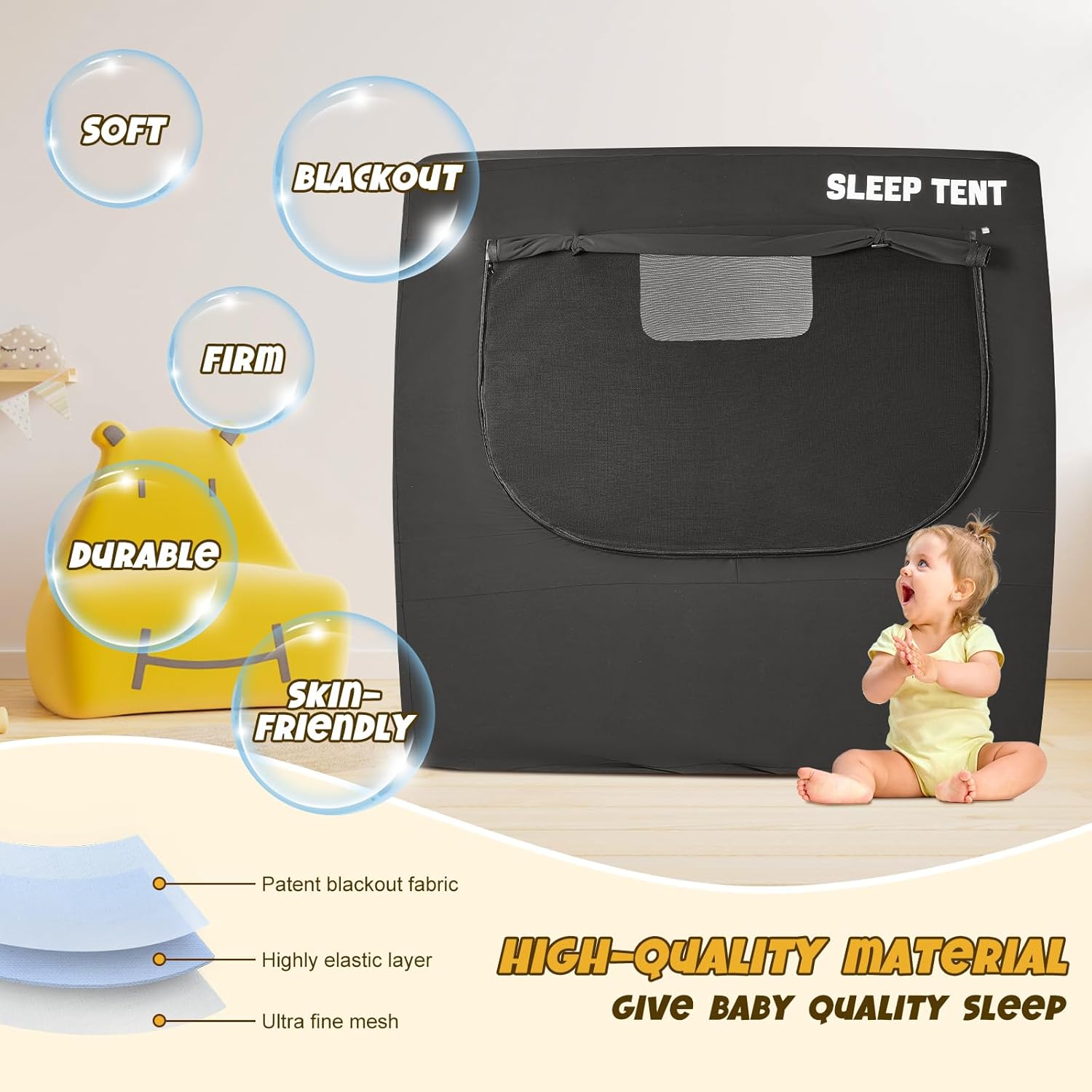 BORNA Crib Blackout Tent for Pack N Play, Brethable Baby Sleep Tent for Full Size Crib and Pack N Play, Baby Sleep Pod for Kids Blocks 70%+ Light