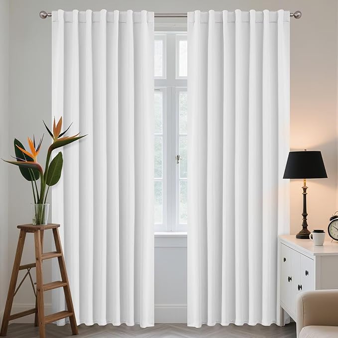 Joydeco 108 Inch 60% Blackout White Curtains 2 Panels, Elegant Semi Sheer Curtains for Bedroom,Thermal Insulated Black Out Drapes for Living Room,Rod Pocket Back Tab Drapes(W52 x L108 Inch,Pure White)-BubblyBeeBaby