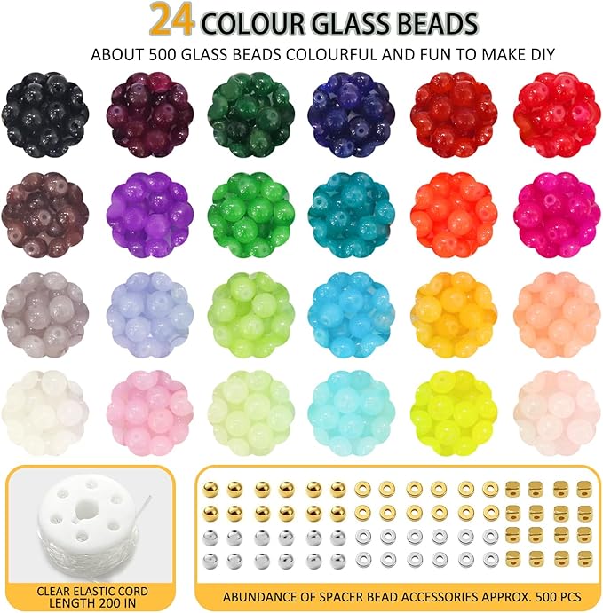 JULIMAIDONG 8mm Glass Beads for Bracelets 1000pcs, 24 Colors Round Crystal Glass Bracelet Beads Making Kit for Jewelry Making Kits Bead DIY Crafts with Spacer Charms Accessories (8MM, 24 Color)-BubblyBeeBaby