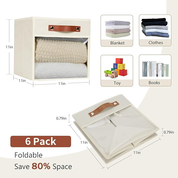 HNZIGE 11 x 11 Storage Cubes Bins for Storage Organizer,Shelf Fabric Storage Bin for Cube Organizer, Canvas Cloth Bin,Cubby Decorative Cube Organizer Bin for Cube Storage Blanket Home(Cream 6 PCS)-BubblyBeeBaby