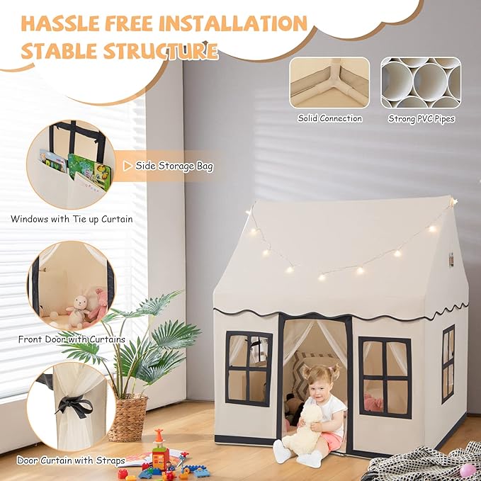 INFANS Kids Play Tent with Washable Mat Star Light Windows, Anti-Trip Large Playhouse Toys for Children Boys Girls, Indoor Outdoor Princess Tents Castle for Toddlers (Black)-BubblyBeeBaby