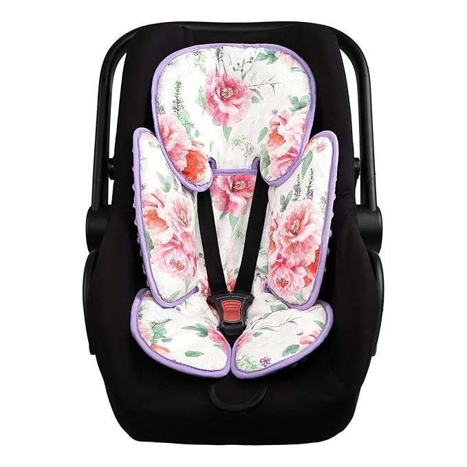 Pea Pod Infant Car Seat Insert 2-in-1 Baby Car Seat Head & Body Support for Newborn Girl Reversible 3 Layer Warm Preemie Carseat Stroller Cushion Headrest with Soft Minky Dot Fabric, Pink Floral-BubblyBeeBaby