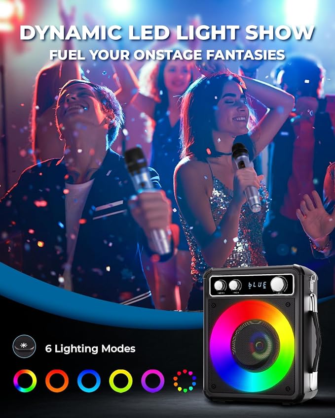 Karaoke Machine, Portable Bluetooth Karaoke Speaker with 2 Wireless Microphones, PA System for Adults Kids with LED Lights, Supports FM/AUX/USB/TF for Home Party-BubblyBeeBaby