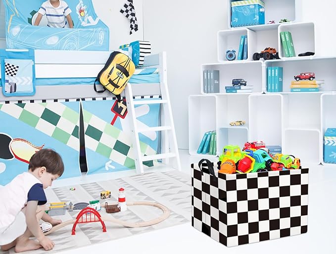 HIYAGON Rectangular Car Basket for Boys Checkered Basket Kids Baby Storage Bin Toy Organizer Box Car Room Decor(Racing Flag)-BubblyBeeBaby