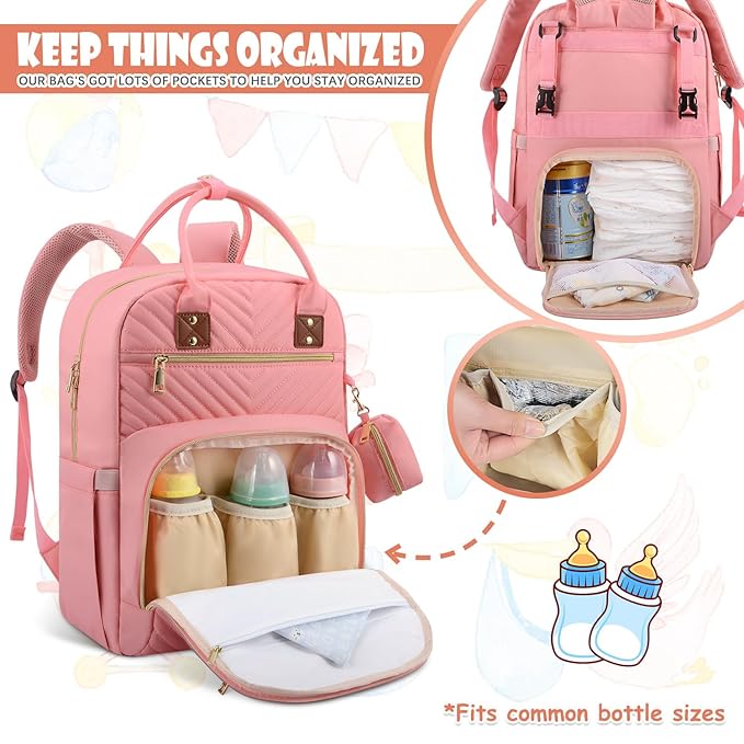 Baby Diaper Bag Backpack, Travel Diaper Bags for Baby Girl Boy Large Capacity Baby Bag Backpack for Women Light Pink-BubblyBeeBaby