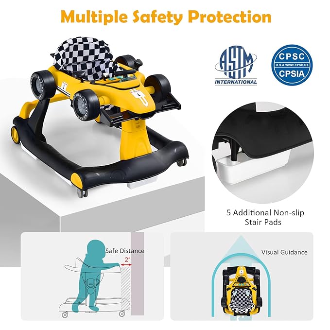 HONEY JOY 4-in-1 Baby Walker, Activity Push Walker w/3 Adjustable Heights, Smooth Wheels w/Adjustable Speed, Padded Seat, Music & Light, Foldable Car Walker for Baby Boys Girls Age 6 Months+ (Yellow)-BubblyBeeBaby