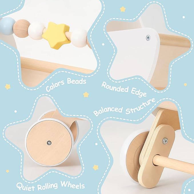 Wooden Baby Walker & Doll Stroller – Adjustable Handle Push Cart, Anti‑Tip, Quiet Wheels, Pretend Shopping Cart – Montessori Wooden Walker for Babies , Doll Stroller for Toddlers 12m+-BubblyBeeBaby