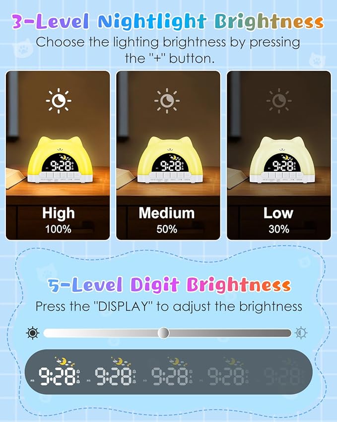 Kids Alarm Clock, OK to Wake Clock for Kids, Cat Clock with 11 Colors Night Light, 10 Soothing Sounds, Child Lock, Dual Alarms, Sleep Training, Birthday Gift for Boy Girls Children-BubblyBeeBaby