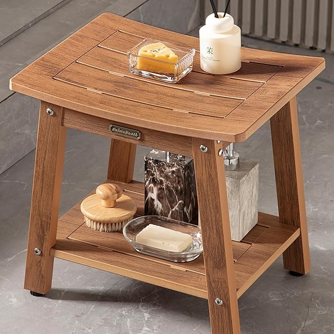 HDPS Shower Bench Seat for Inside, Waterproof Poly Lumber Shower Stool for Shaving Legs, Bathroom Foot Rest with Storage Shelf, Plastic Bath Chair Seat for with Adjustable Feet, No Maintenance, Brown-BubblyBeeBaby