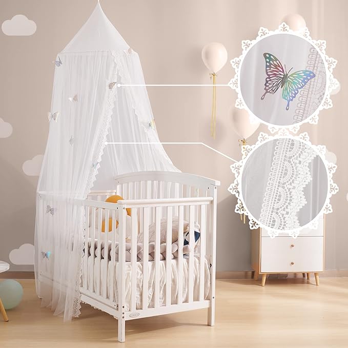 Kids Bed Canopy with Lace Hanging Canopy Net for Baby Crib Nook Castle Game Tent Nursery Play Room Decor (Butterfly)-BubblyBeeBaby