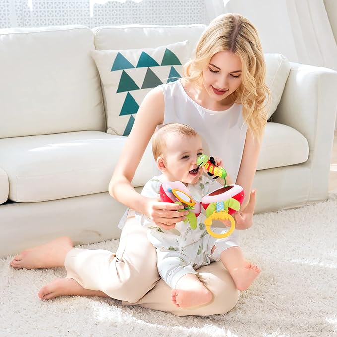 Jollybaby Newborn Plush Stuffed Fruit Rattle Toy for Stroller Car Seat Crib, Montessori Sensory Plush Strawberry Toy with Rattle and Mirro Toy for Baby 0-6-12 Month, Infant Baby Boy Girl Shower Gift-BubblyBeeBaby