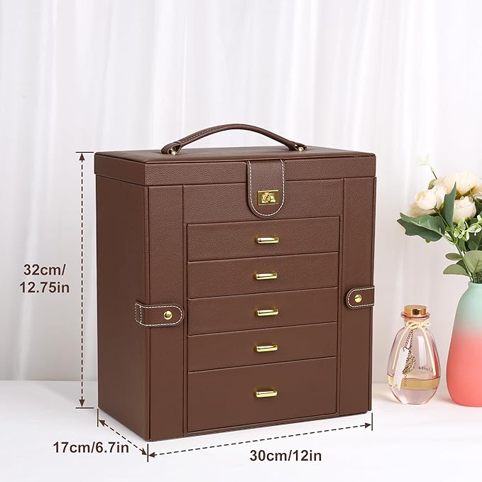 Kendal Extra Large Jewelry Box Jewelry Case PU Leather 6 Tier 5 Drawers Large Storage Capacity with Mirror Jewelry Storage Organizer Great Gift Also Good For Watches LJC-SHD5BN (Brown)-BubblyBeeBaby