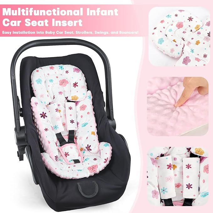 Infant Car Seat Insert with 3 Strap Covers, 3 in 1 Reversible Floral Baby Car Seat Head Support for Newborn, Baby Girl Newborn Essentials for Preemie to Infant, Stroller, Swing, Bouncer (Pink)-BubblyBeeBaby