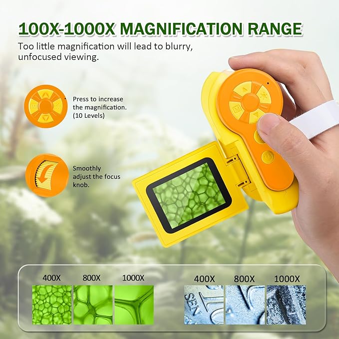 1000X Handheld Microscope for Kids, 4K 2.0" Screen Mini Pocket Microscope with 6 Adjustable LED Lights, Edu Science Birthday Gifts for Kids Ages 8-12, 32G SD Card Included - Yellow-BubblyBeeBaby