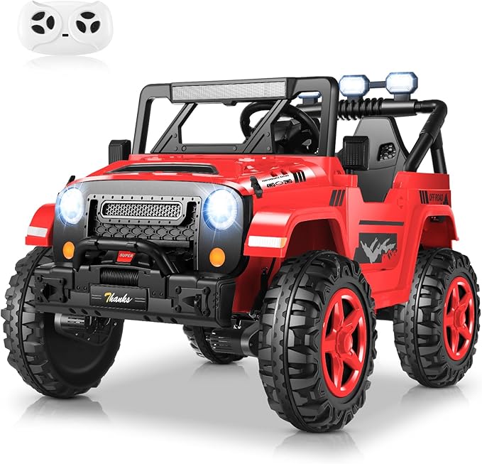 Hikole 24V Kids Electric Car with Remote Control - 4WD/2WD Switchable Two Seater Ride on Cars with 4x200W Powerful Engines, LED Lights, Spring Suspension, Ride on Toys for Kids Ages 4-8, Red-BubblyBeeBaby