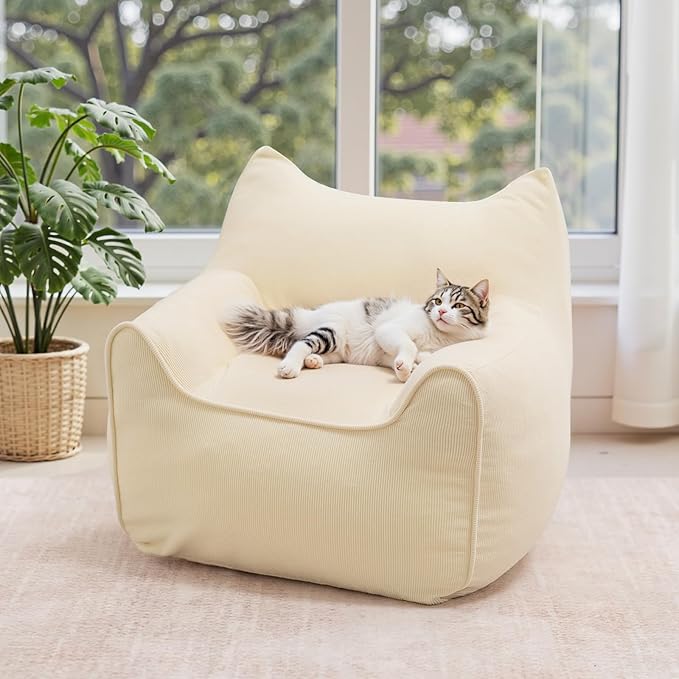 HOMMPA Bean Bag Chair for Kids Stuffed Toddler Bean Bag Sofa with Pocket Filler Cat Shaped Bean Bag Chair Boys and Girls Baby Lazy Floor Sofa Chair for Gaming Reading Playing Beige-BubblyBeeBaby