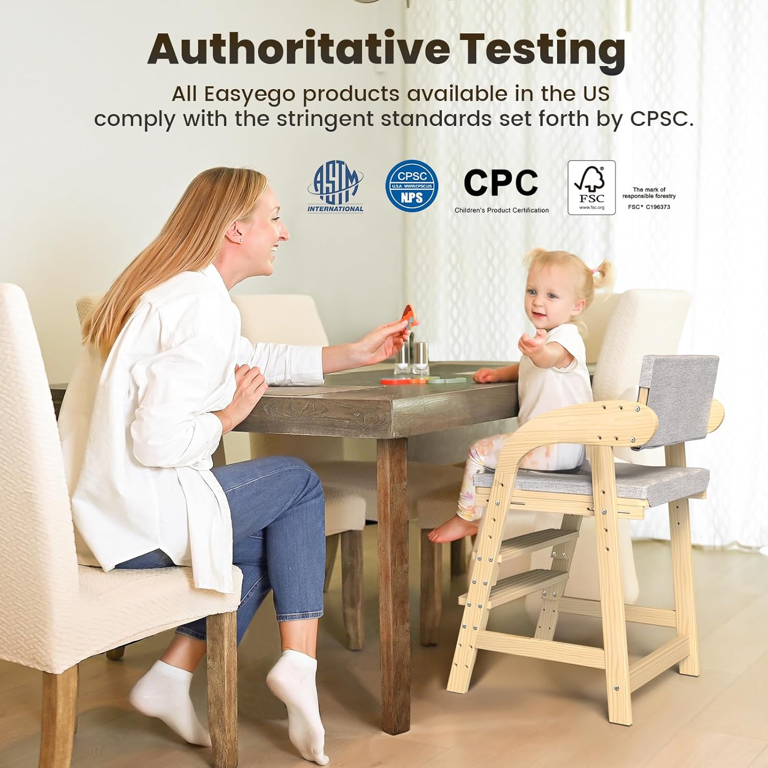 Easyego Wooden High Chair, Height Adjustment for Babies and Toddlers Aged 3-12, up to 130 lbs, Widened Foot Pedal as Steps for Kids Dining & Removable Washable Cushion (Natural)