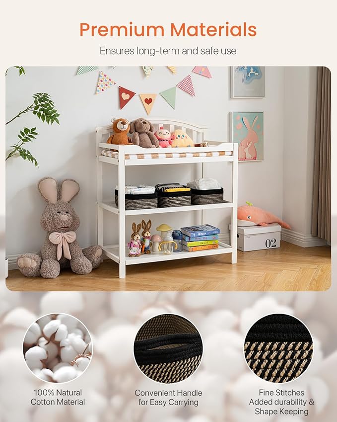 KALLAX Small Woven Basket, 12 x 8 x 4.5 Inches, Storage Basket for Organizing, Cute Small Rope Shelf Closet Cube Storage Bins Baskets for Shelves, Dog Toy Gift Baskets Empty, 3 Pack Black & Brown-BubblyBeeBaby