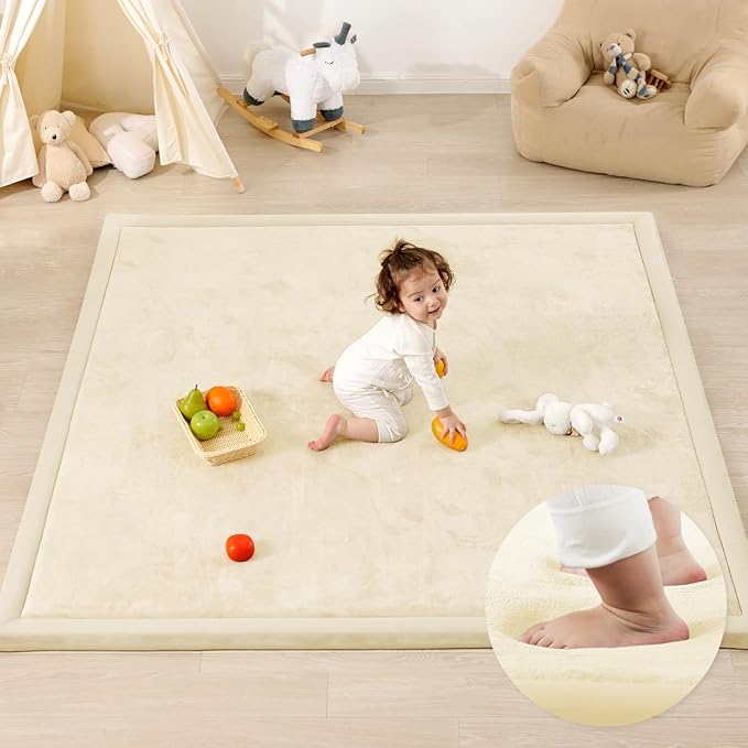 1.3" Thick Baby Play Mat for Floor Playpen, 50x50 Foam Tummy Time Mat, Padded Support Soft Plush Nursery Rug for Infant Kids Toddler Crawling Kick Activity (Ivory)-BubblyBeeBaby
