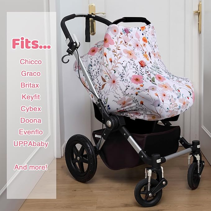 Rquite All-in-1 Car Seat Cover Baby, Carseat Covers for Girl Boy, Stretchy Soft Infant Car Seat Cover, Multi-use Baby Carrier Cover, Car Seat Canopy, Stroller Sun Shade, Nursing Breastfeeding Cover-BubblyBeeBaby