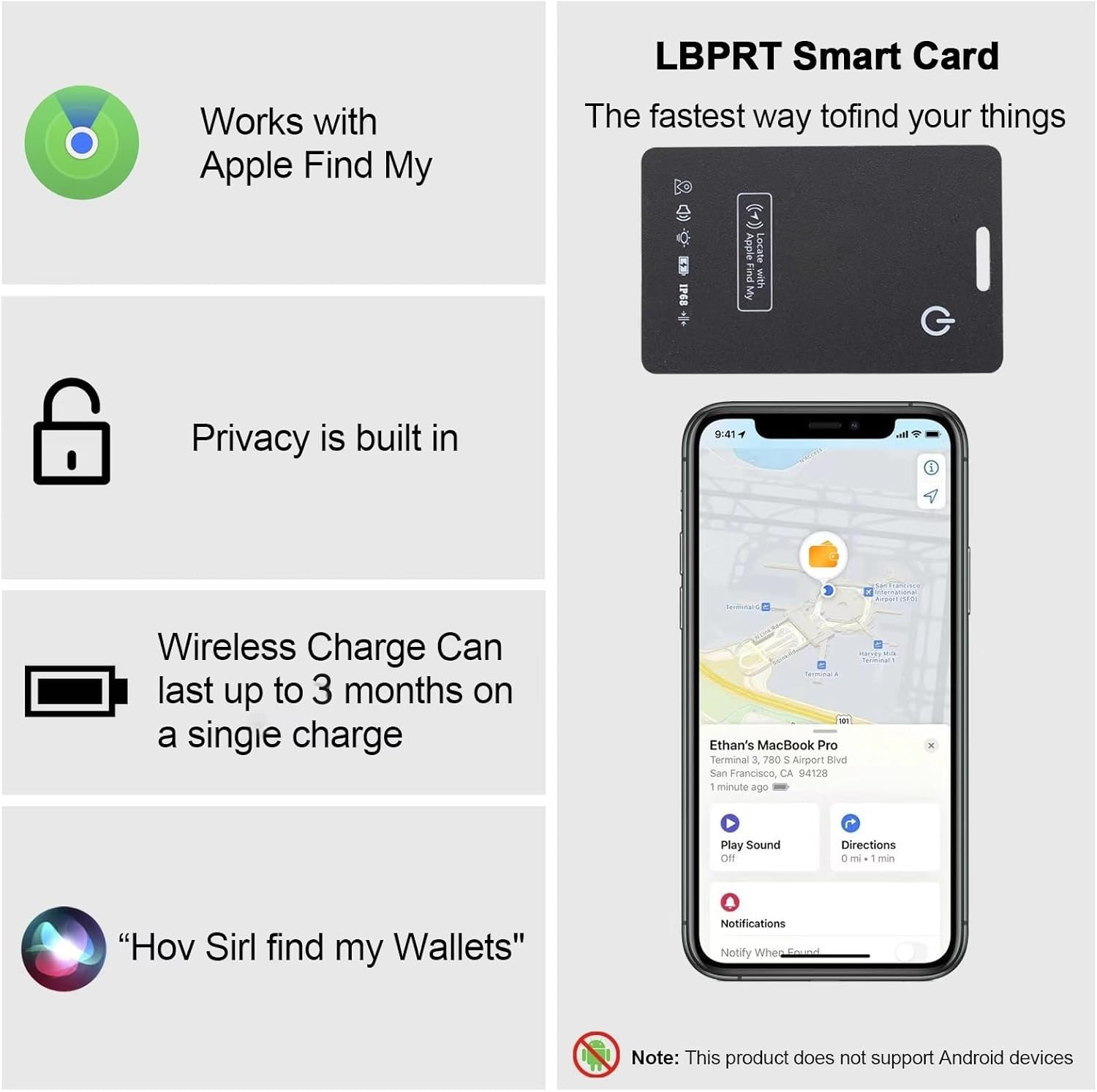 [Apple MFi Certified] LBPRT Air-Tag Card Rechargeable Wallet Tracker Thin 1.6mm 2 Pack, Smart Locator Work with Apple Find My (iOS Only, Android not Supported), Item Finder for Luggage Suitcase Bags.